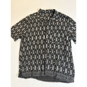 Men's John Henry Rayon Shirt L Black Gray Geometric Button Up Short Sleeve